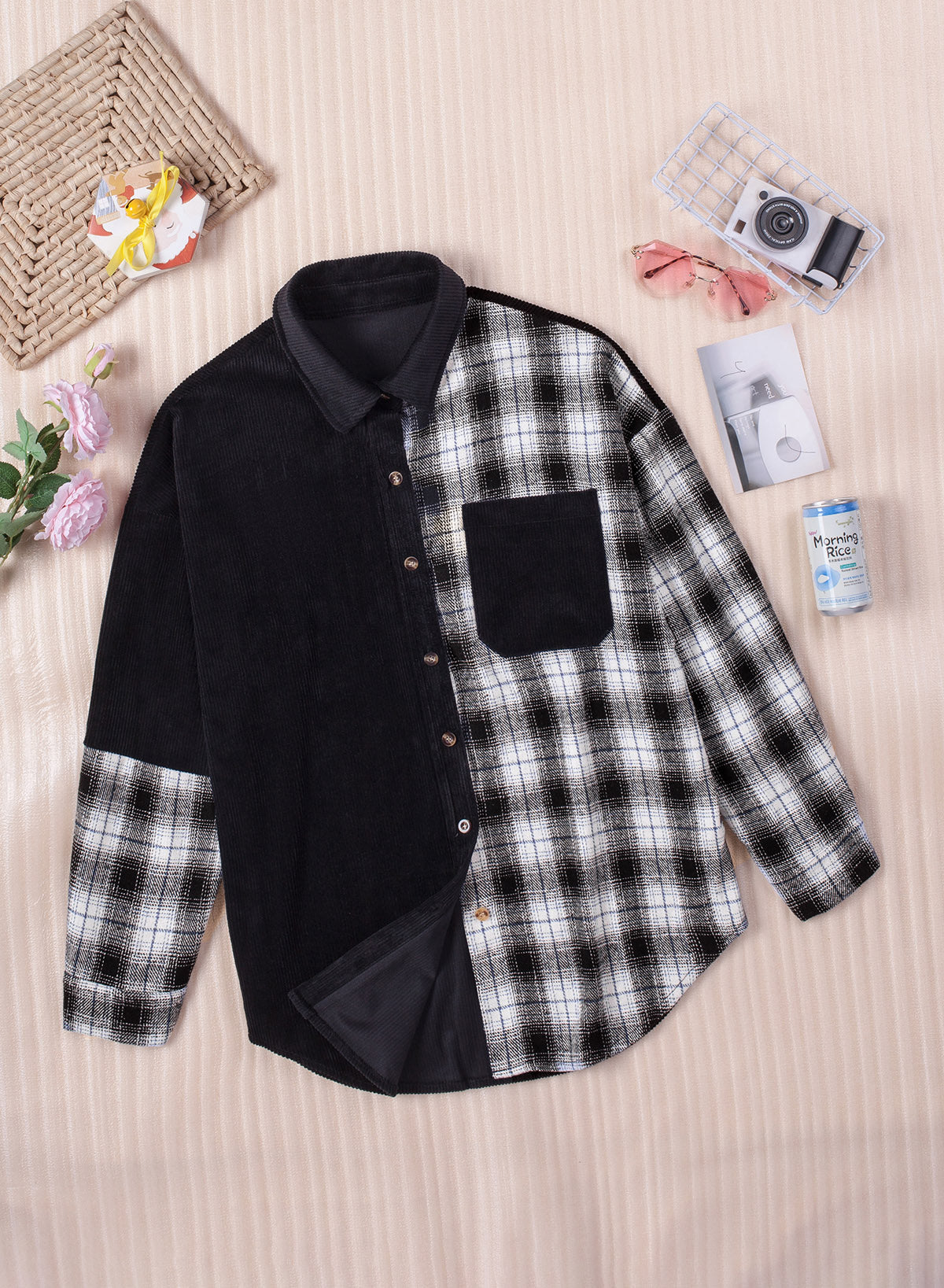 Plaid Color Block Dropped Shoulder Corduroy Shacket