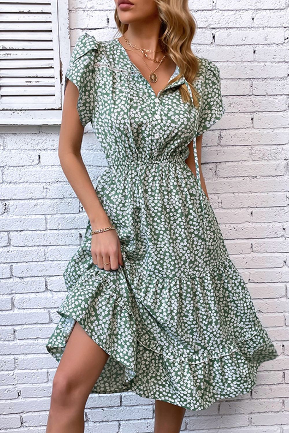 Floral Tie Neck Petal Sleeve Dress