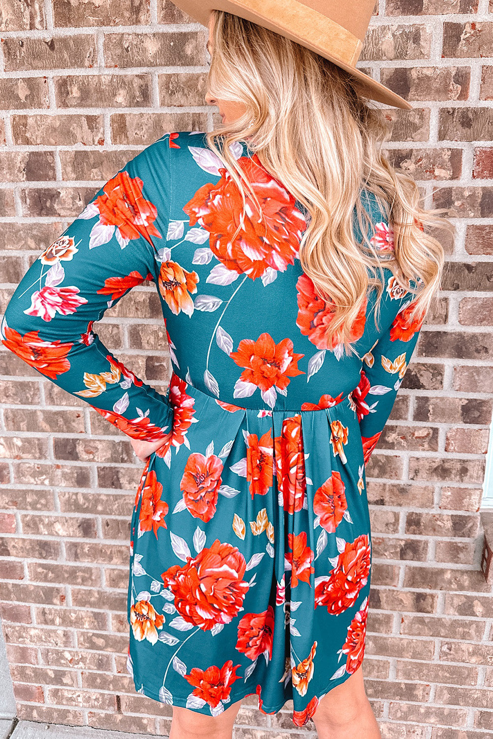 Floral Long Sleeve Pleated Detail Dress