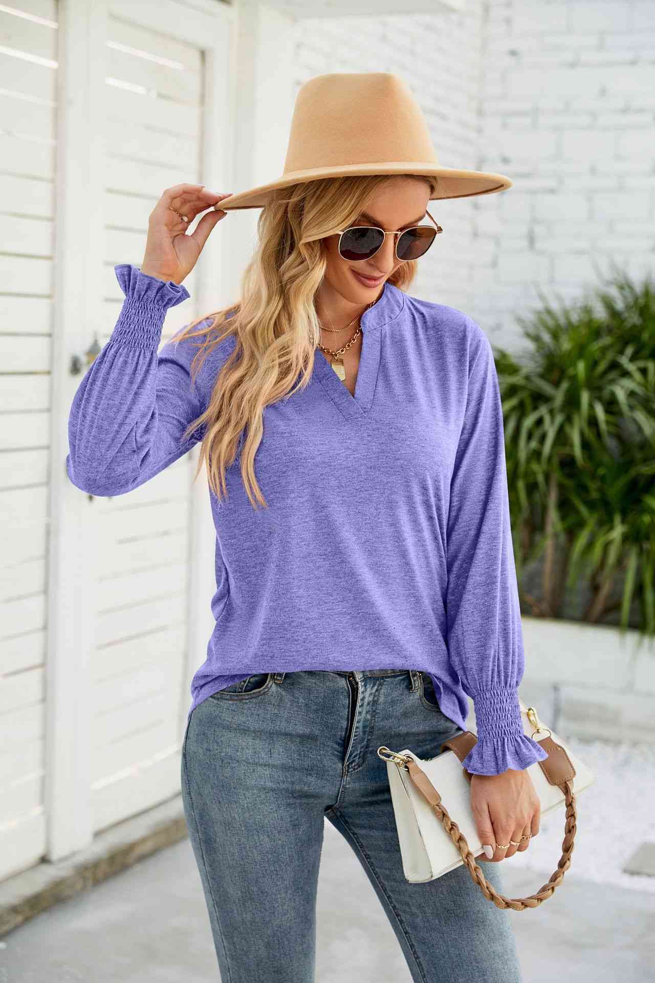 Heathered Flounce Sleeve Curved Hem Top