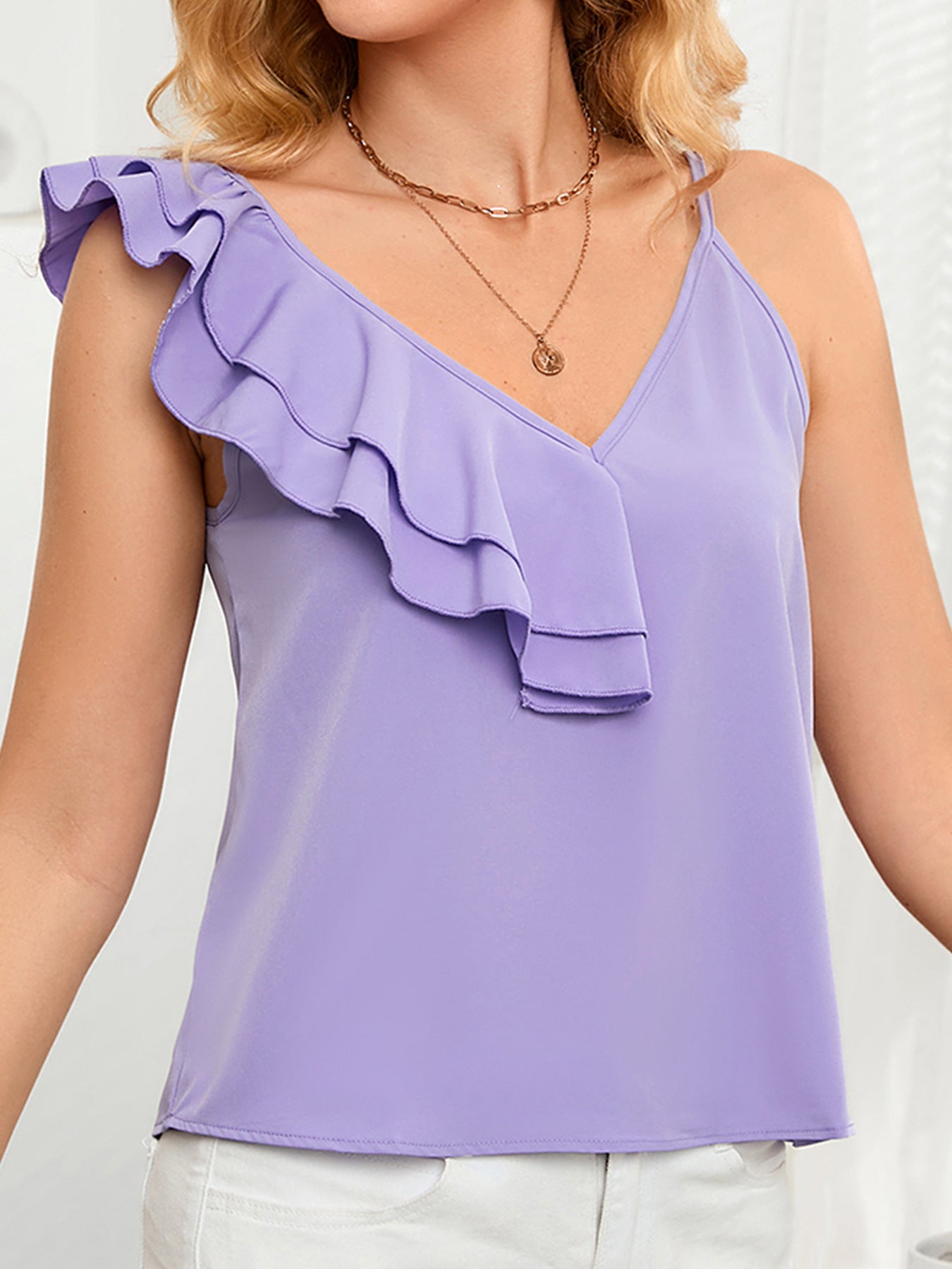 Asymmetrical Neck Ruffled Cami