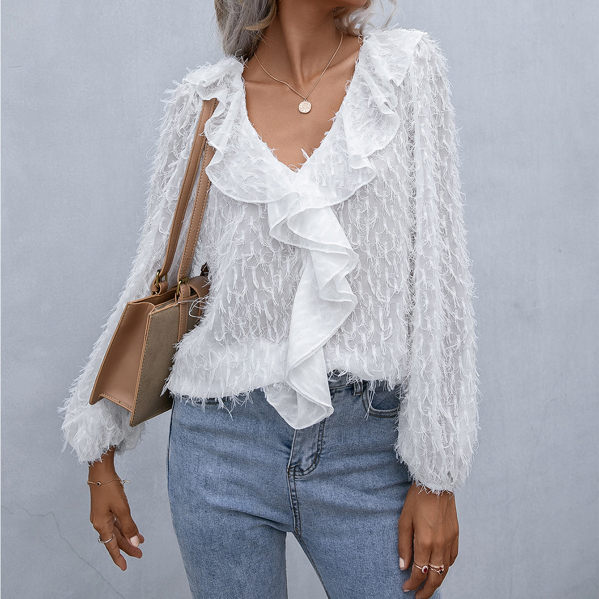 Double Take Ruffle Hem Fringe V-Neck Balloon Sleeve Blouse