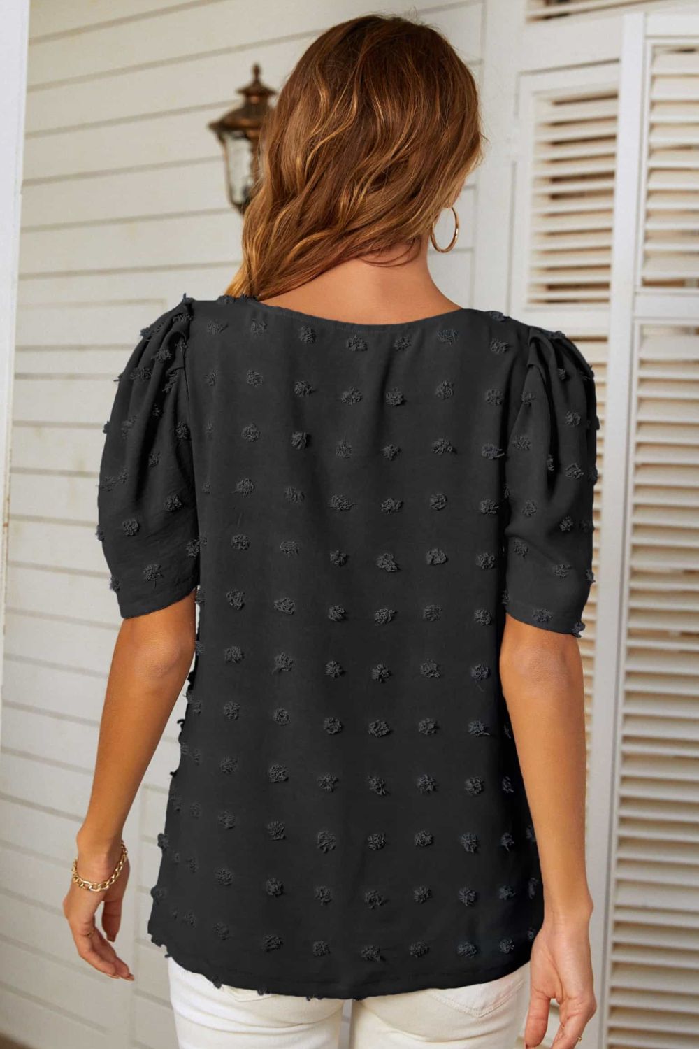 Swiss Dot V-Neck Puff Sleeve Blouse