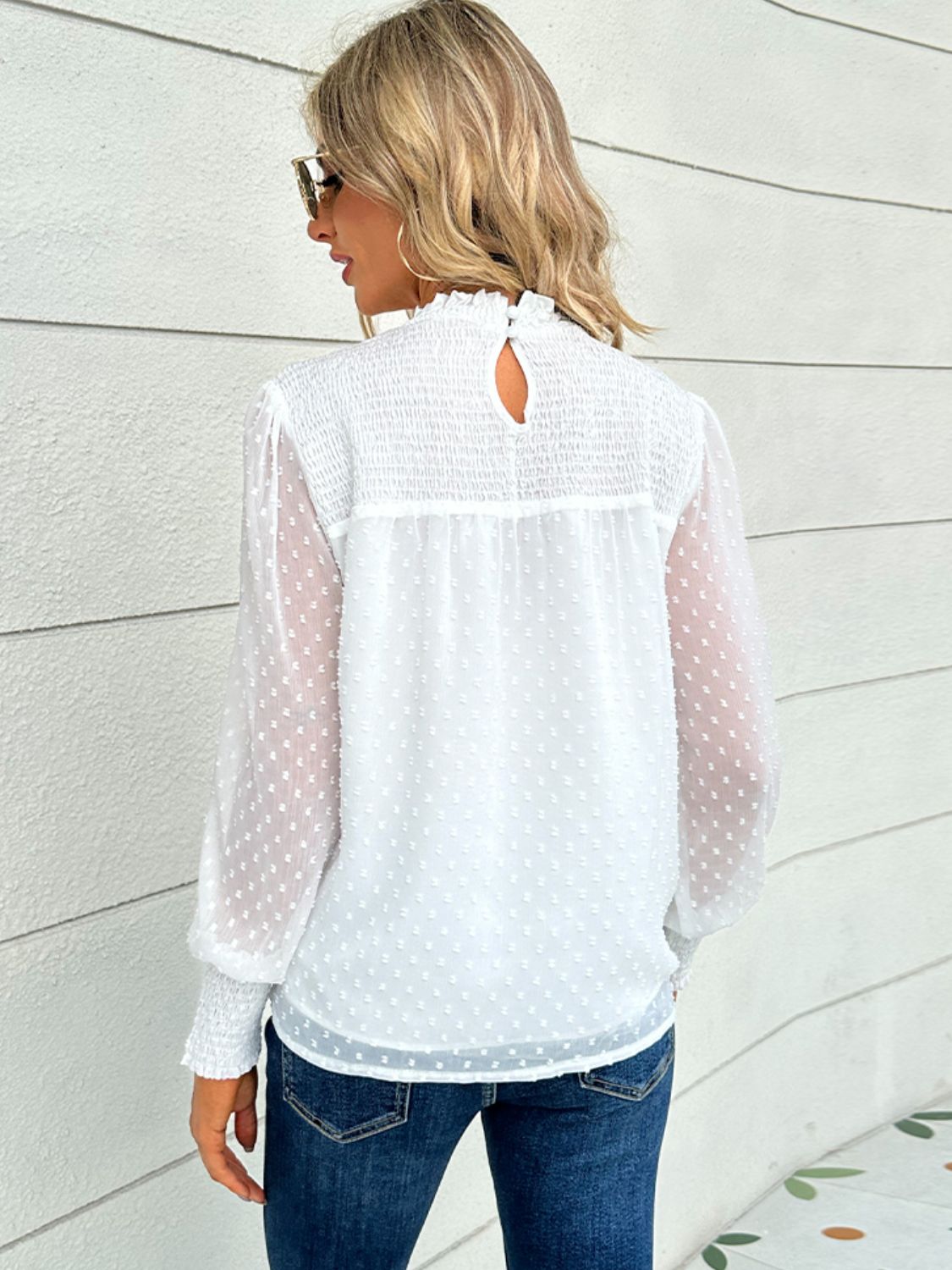 Swiss Dot Smocked Mock Neck Blouse