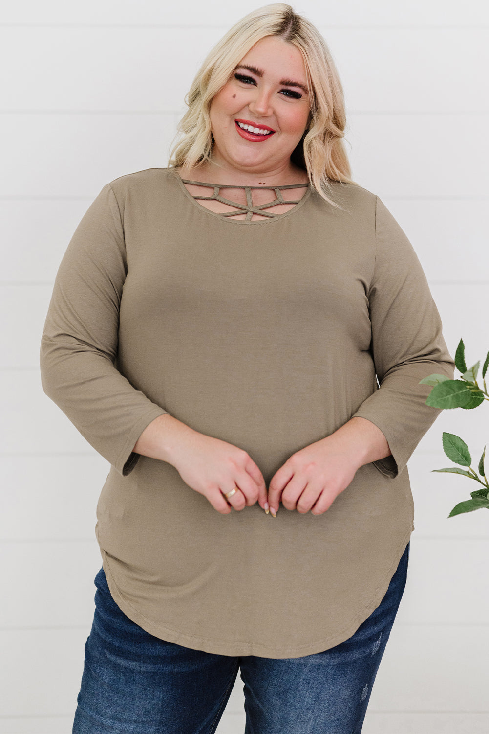 Plus Size Curved Hem Neck Detail Tee