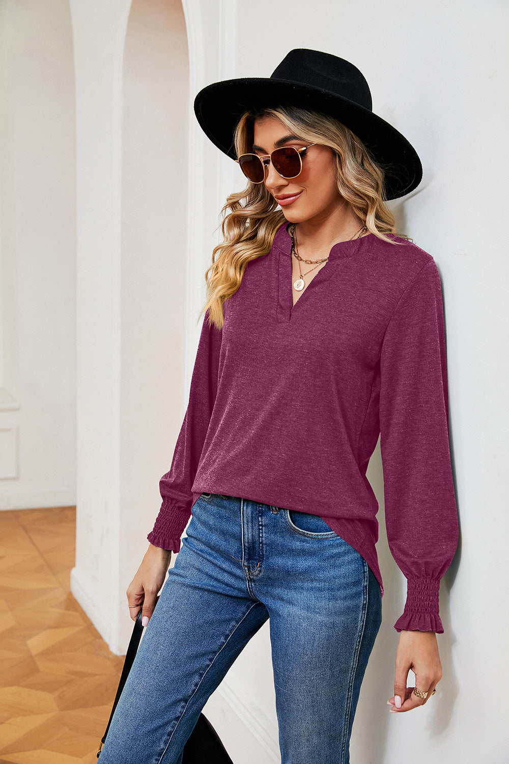 Notched Neck Long Sleeve Blouse