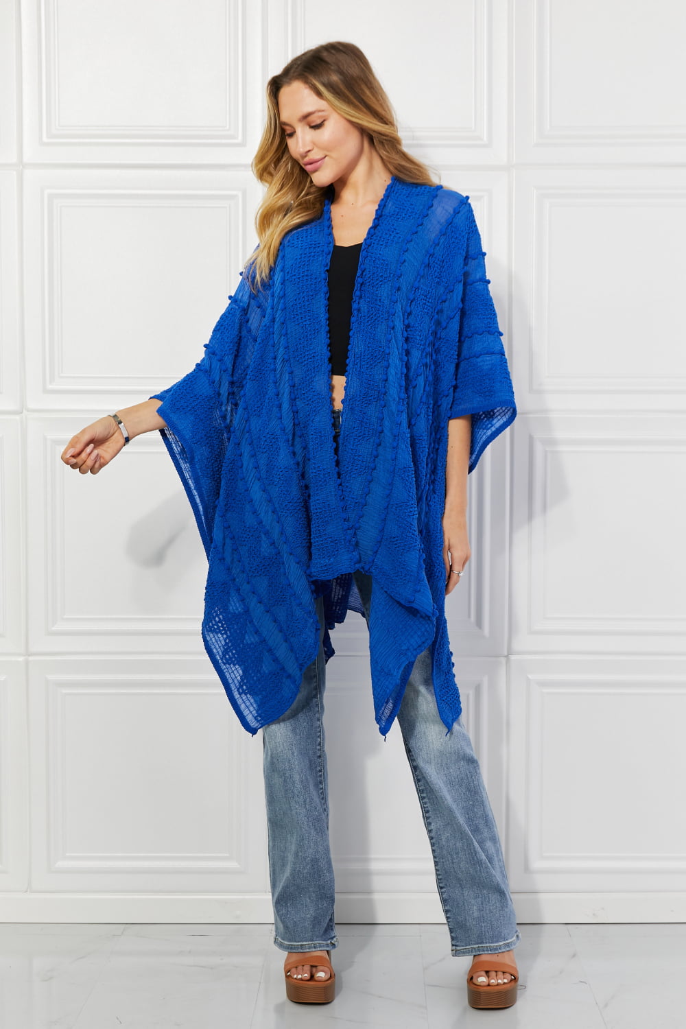 Justin Taylor Pom-Pom Asymmetrical Poncho Cardigan in Blue