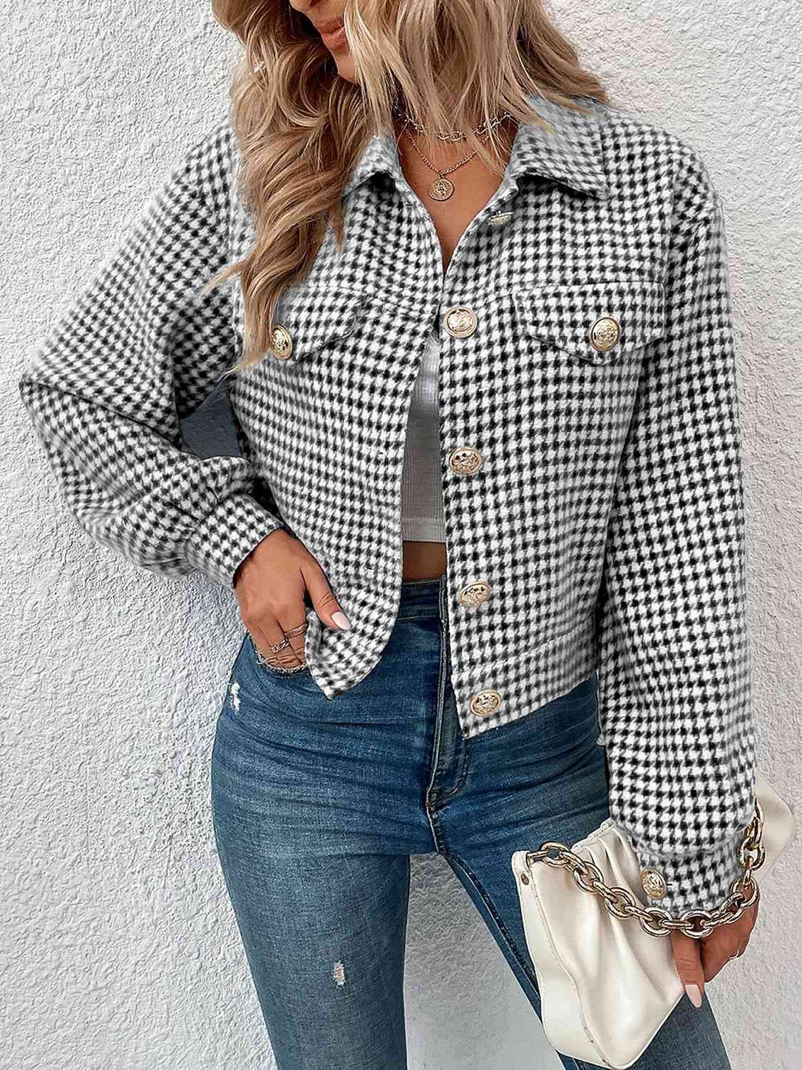 Houndstooth Collared Neck Button Up Jacket