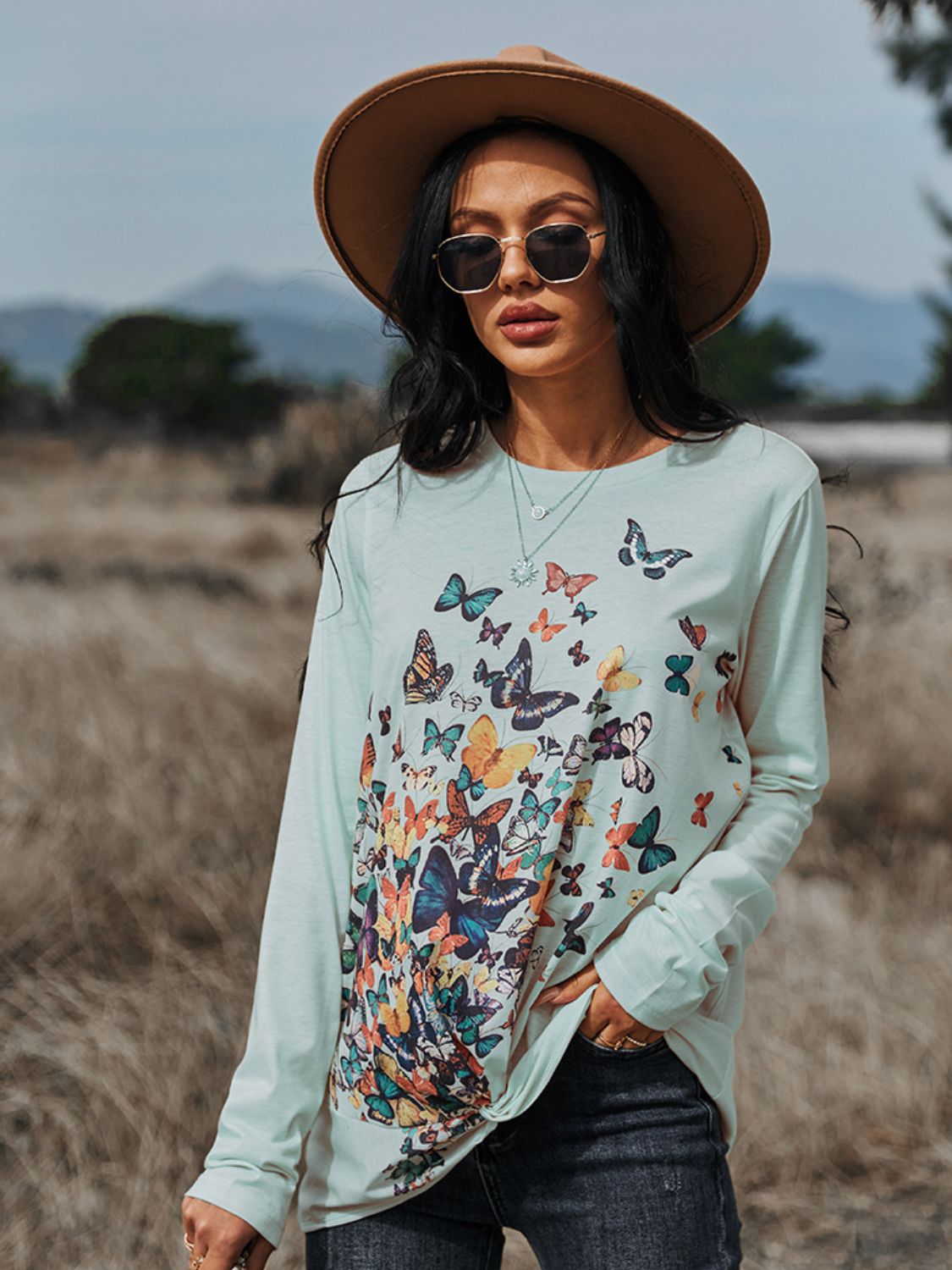 Butterflies Print Long Sleeve Round Neck Tee