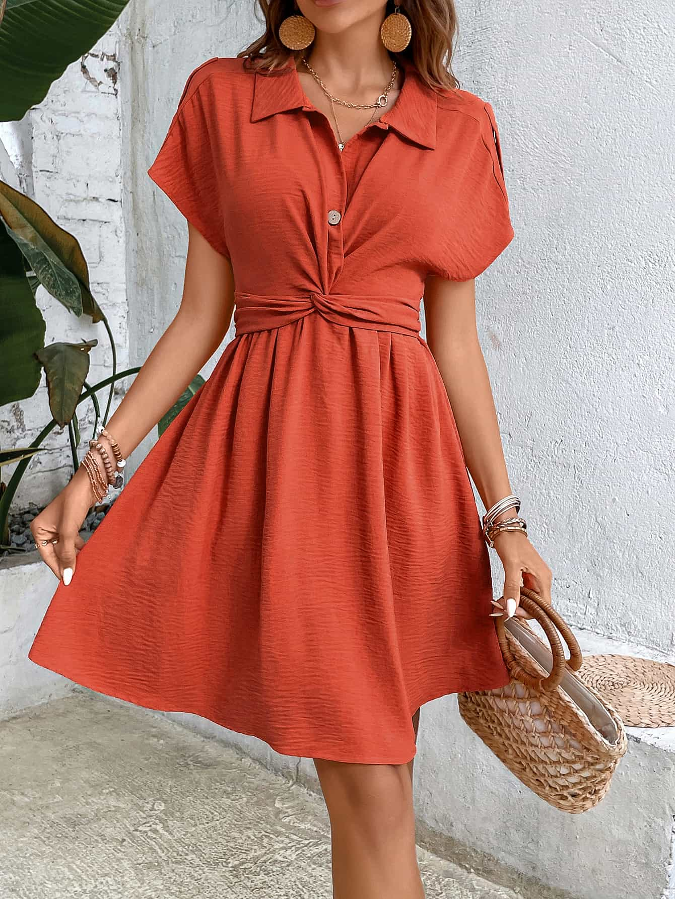 Collared Neck Short Sleeve Twisted Dress