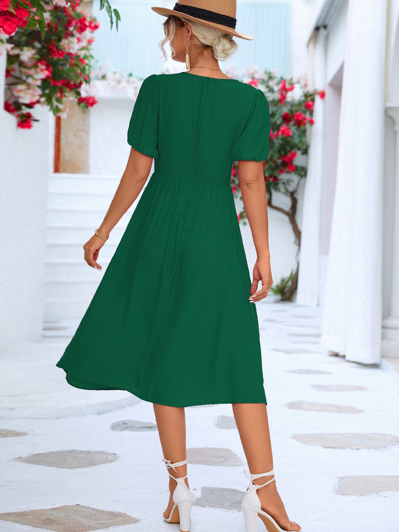 Twisted Short Puff Sleeve V-Neck Dress