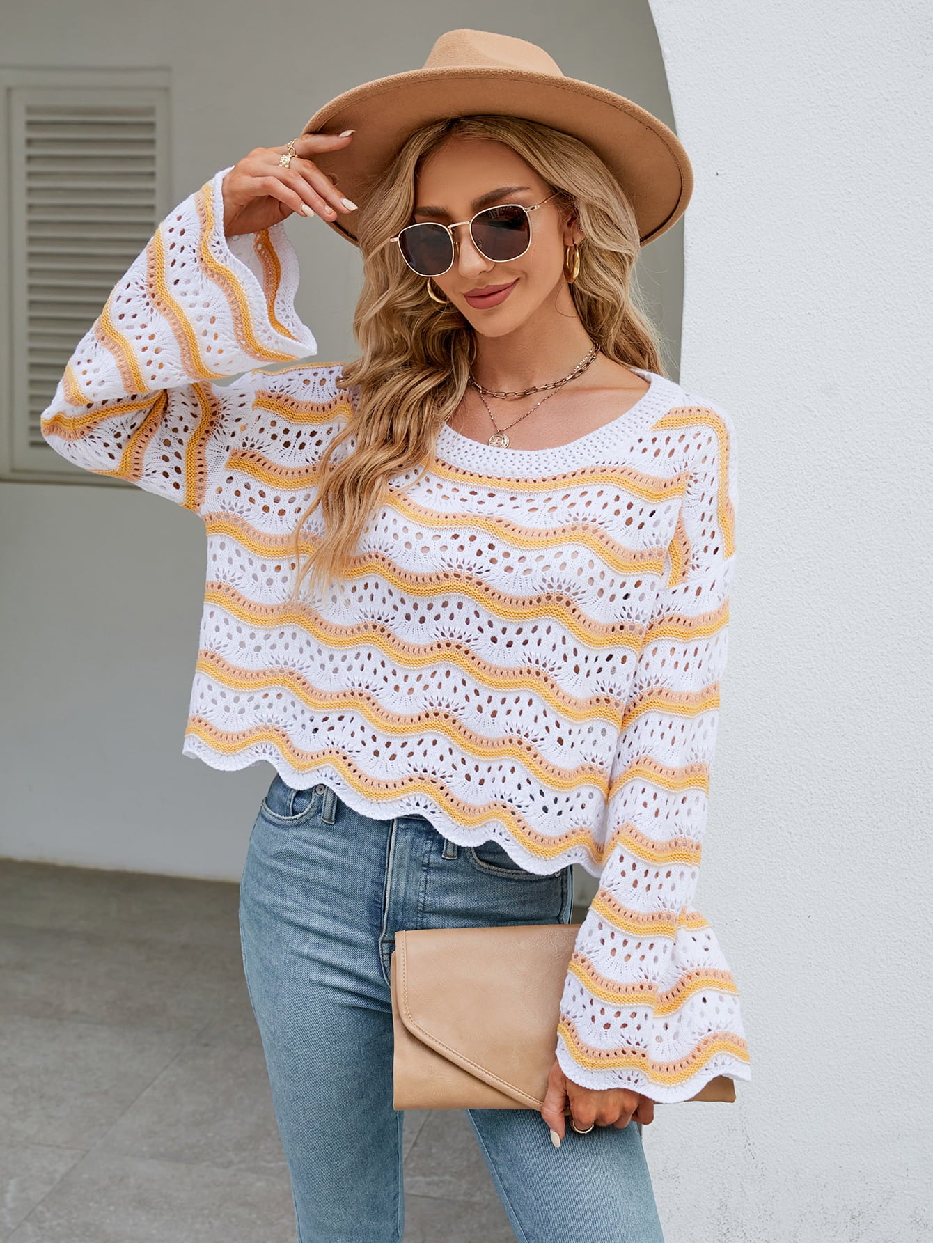 Round Neck Openwork Flare Sleeve Knit Top