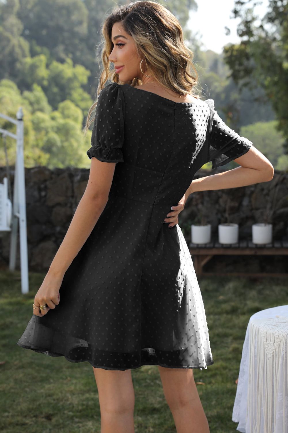 Square Neck Swiss Dot Flounce Sleeve Dress