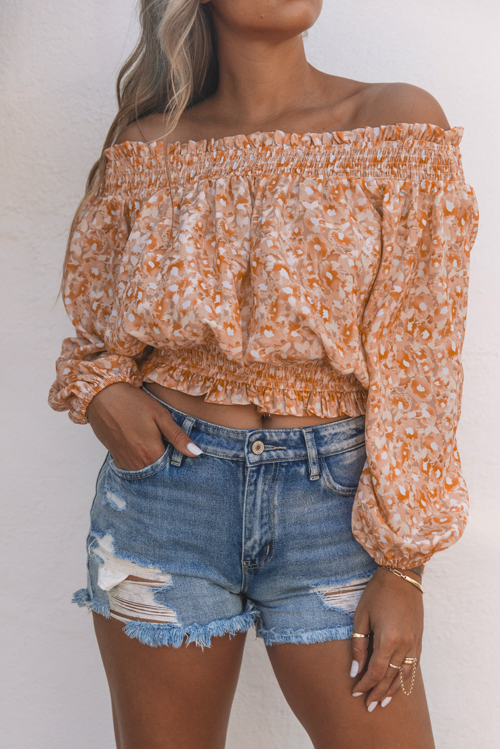 Floral Frill Trim Smocked Off-Shoulder Top