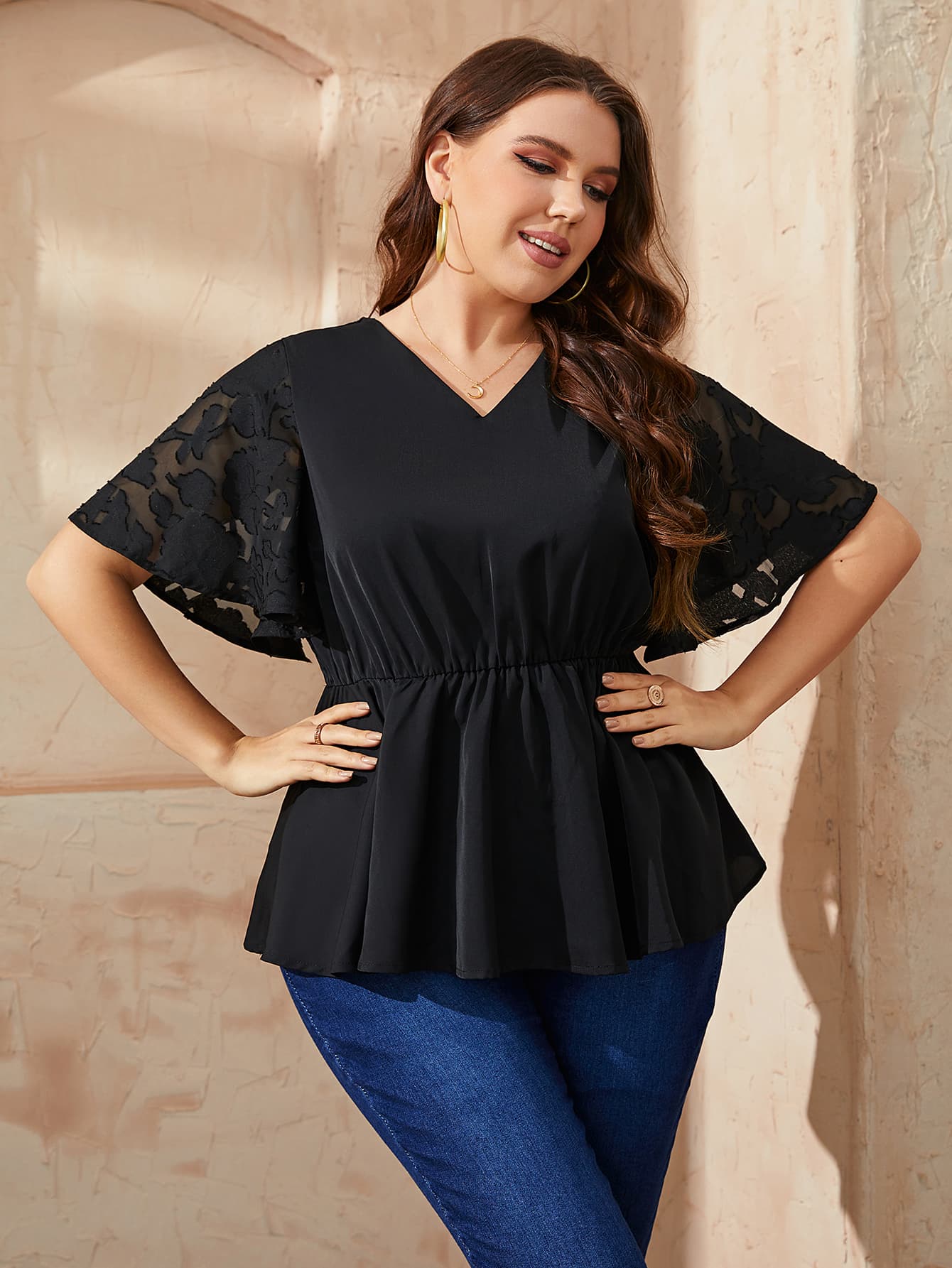 Plus Size V-Neck Flutter Sleeve Babydoll Blouse