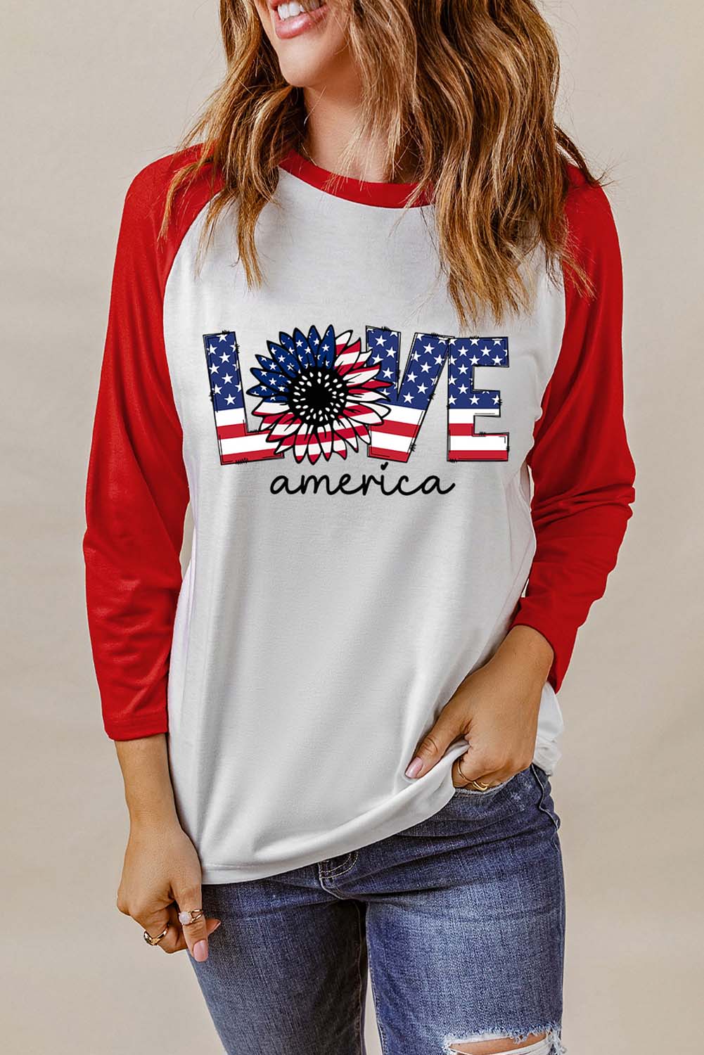 Raglan Sleeve Round Neck LOVE AMERICA Graphic Tee