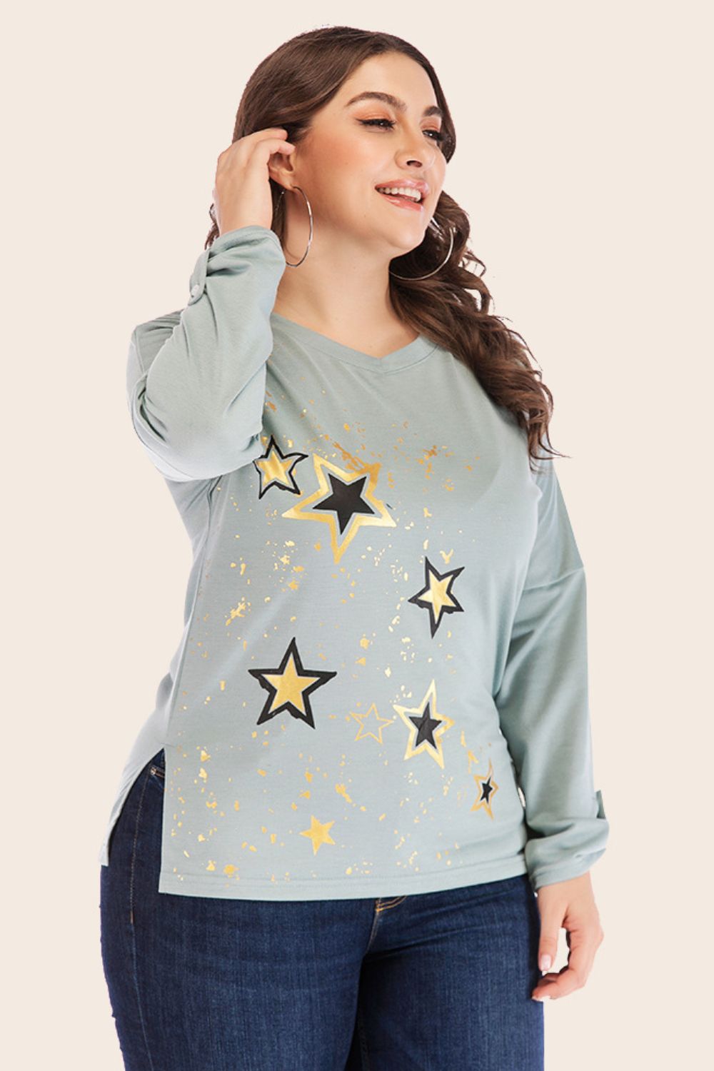 Full Size Star Graphic Slit Dropped Shoulder Top