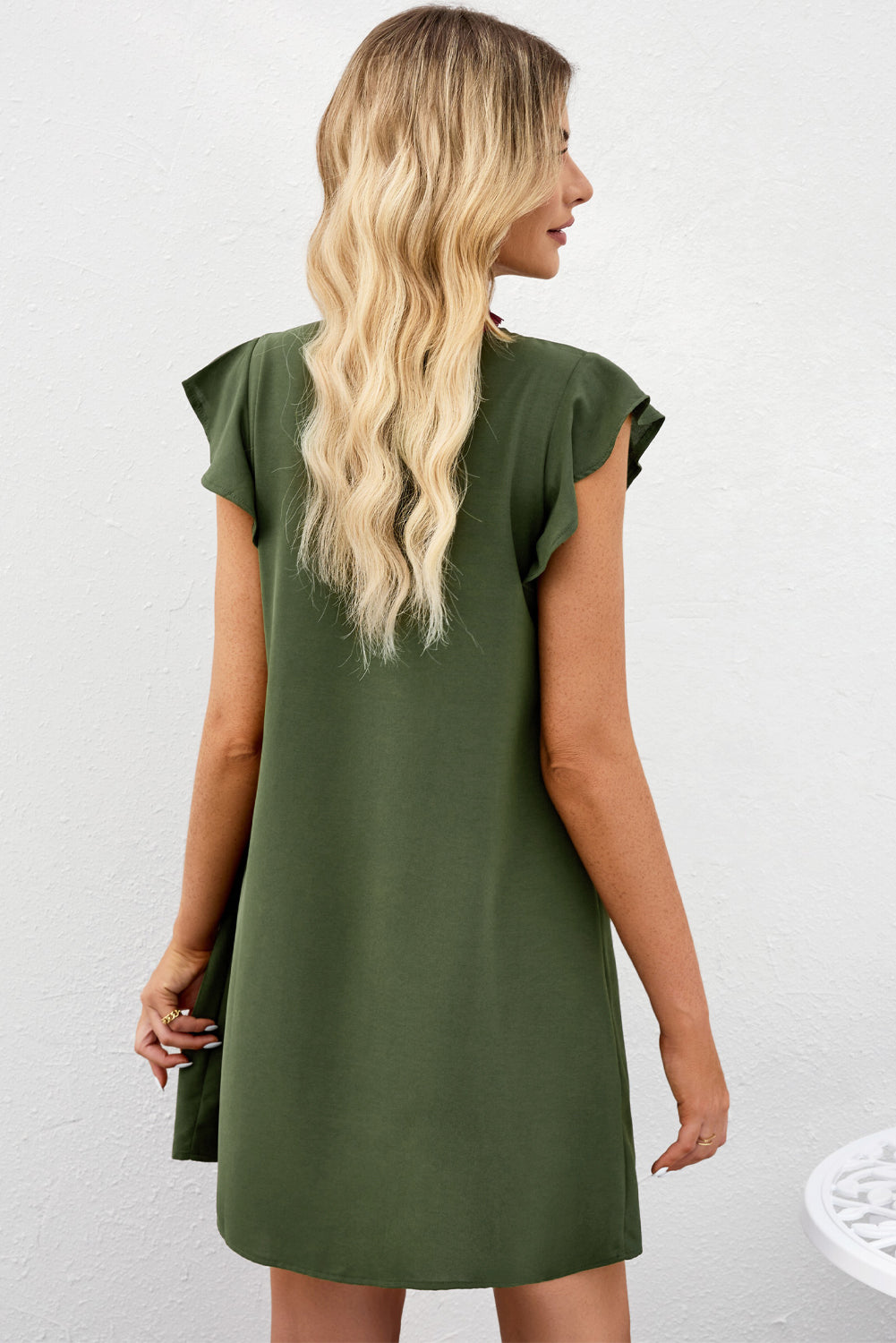 Tie Neck Flutter Sleeve Shift Dress