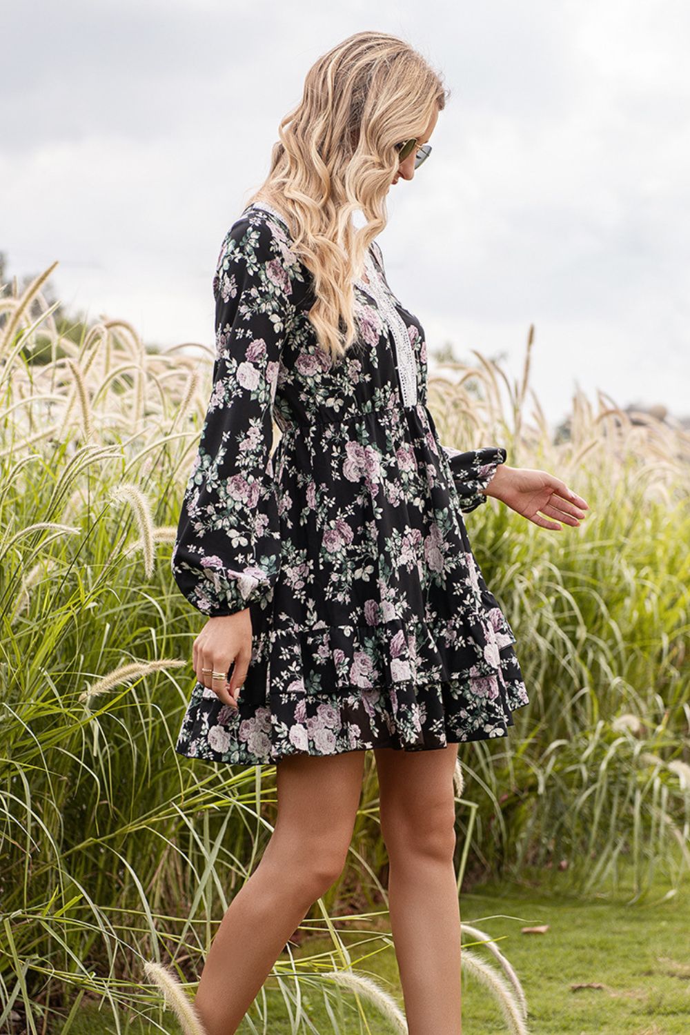 Floral Lace Trim Long Sleeve Dress