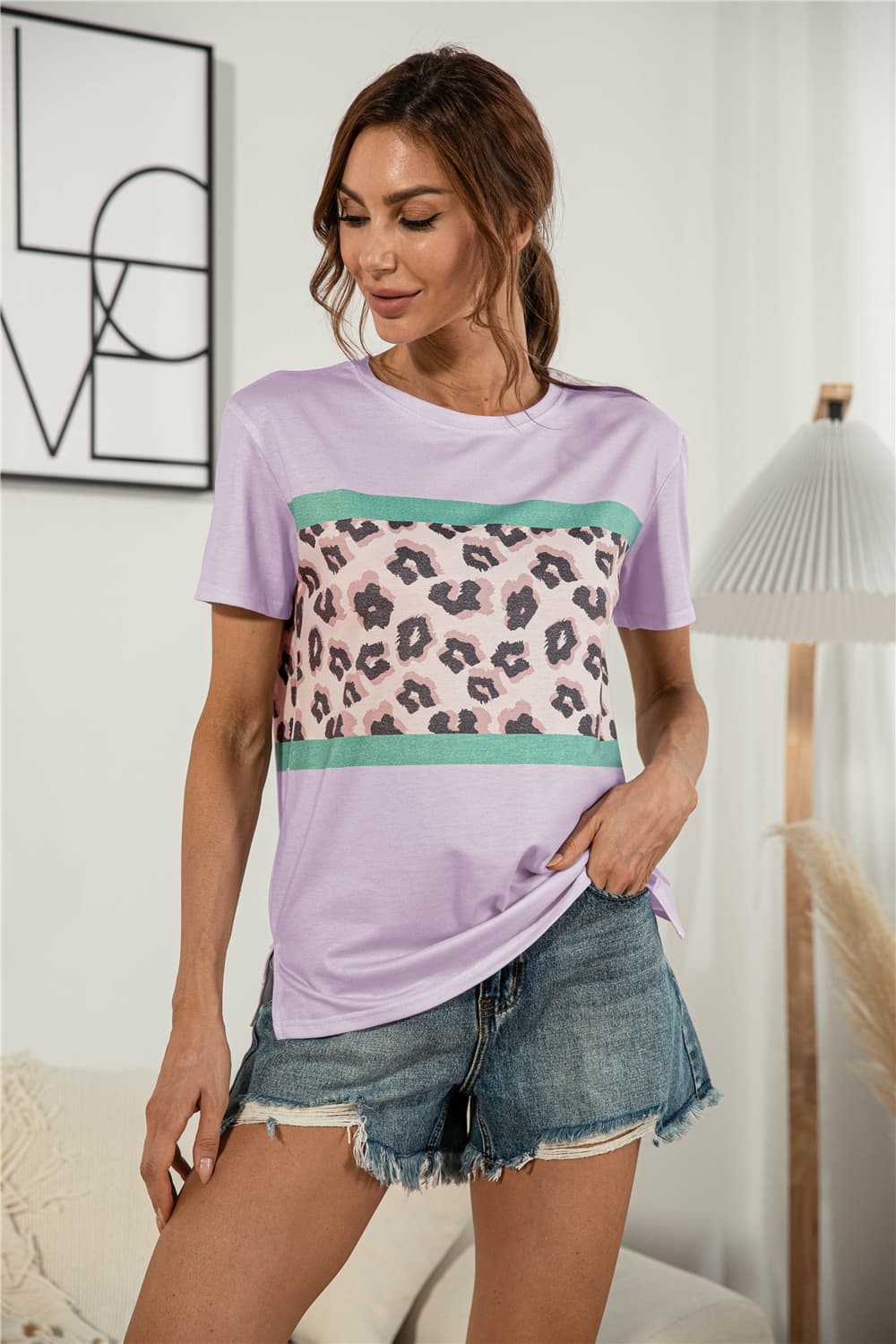 Leopard Color Block Side Slit Tee