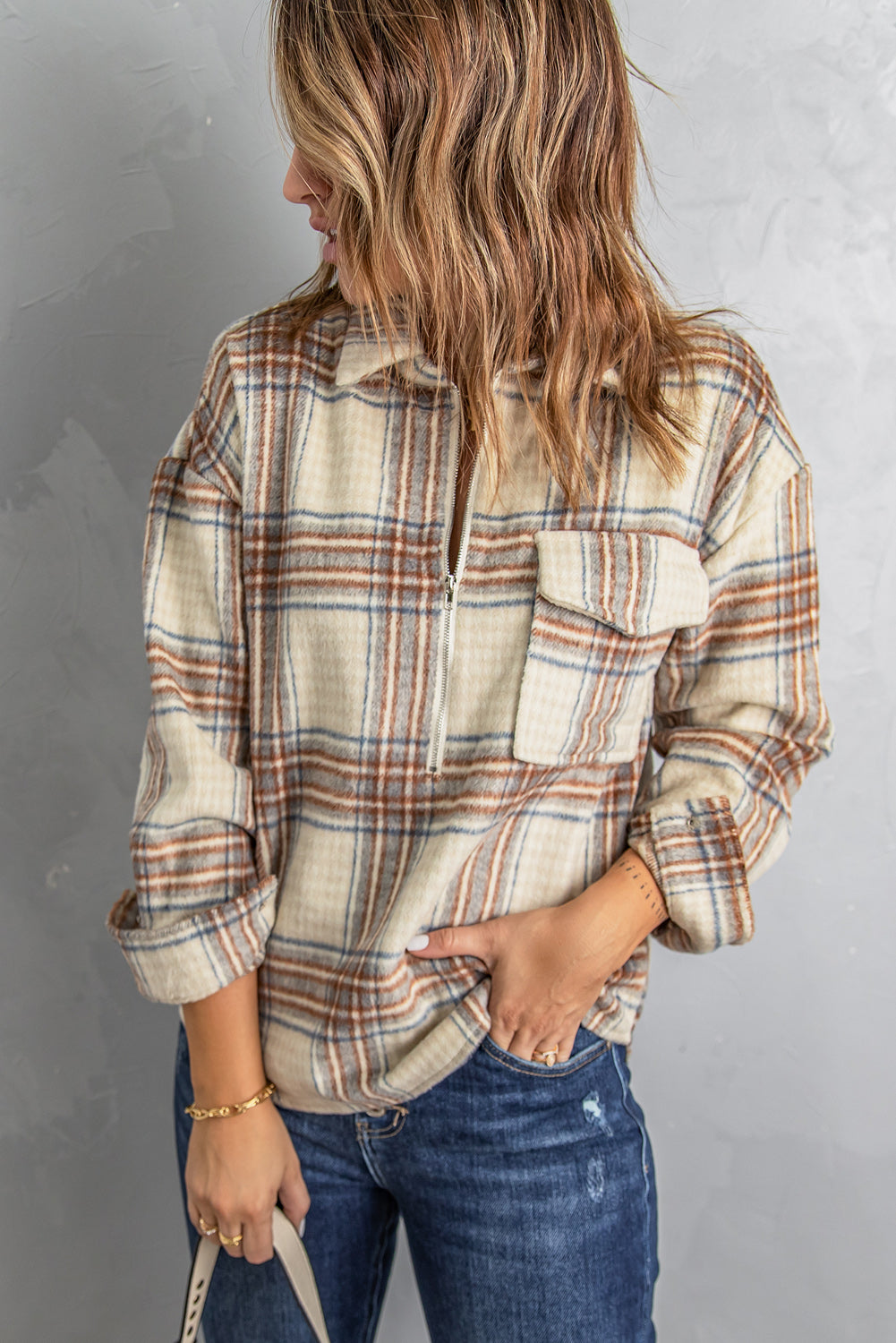 Plaid Half-Zip Collared Curved Hem Sweatshirt