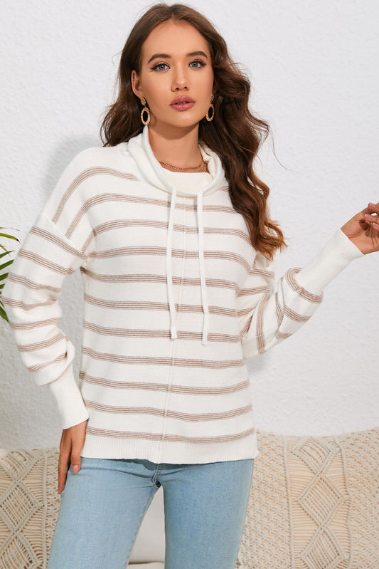 Cowl Neck Drastring Dropped Shoudler Striped Print Blouse