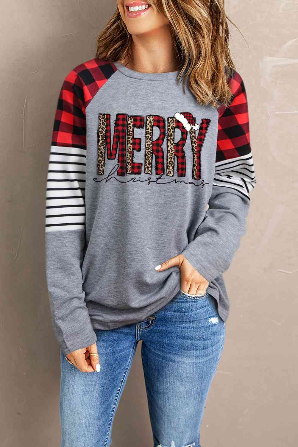 Christmas Letter Graphic Mixed Print Round Neck Top