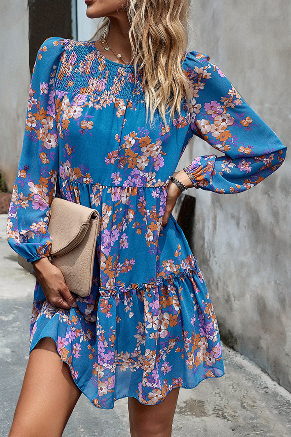 Smocked Floral Print Long Sleeve Mini Dress