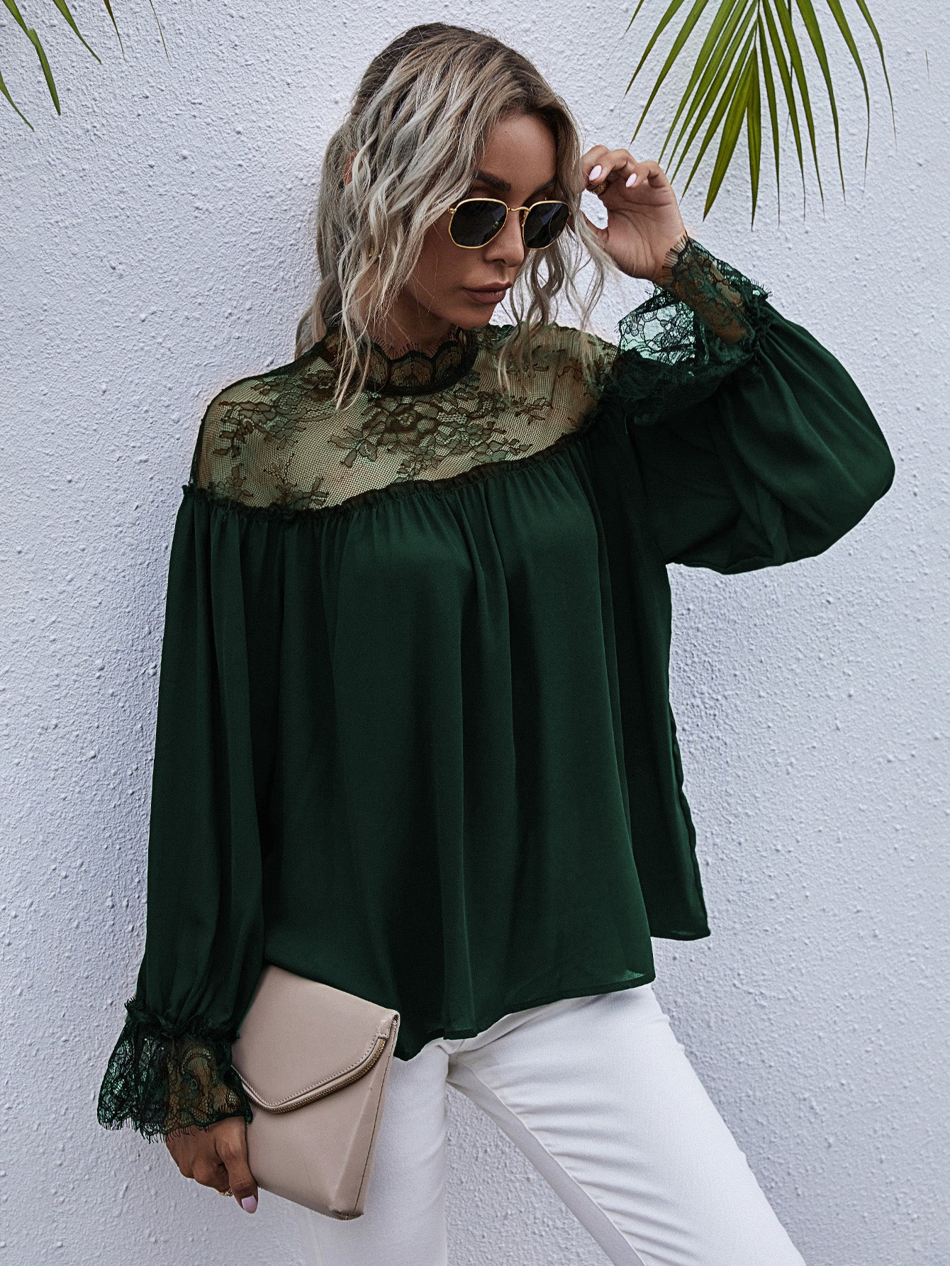 Semi-Sheer Lace Trim Mock Neck Blouse