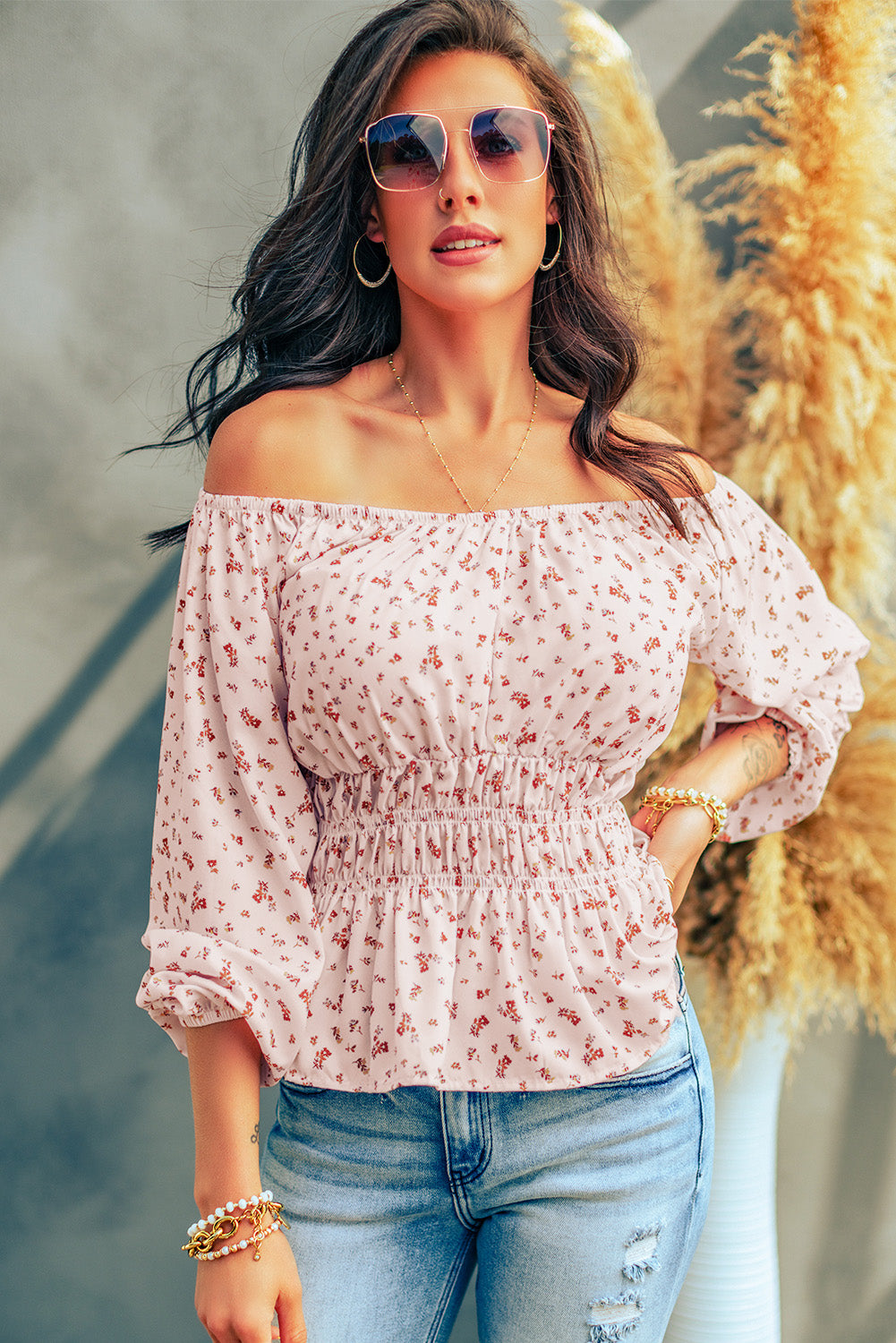 Ditsy Floral Off-Shoulder Peplum Blouse