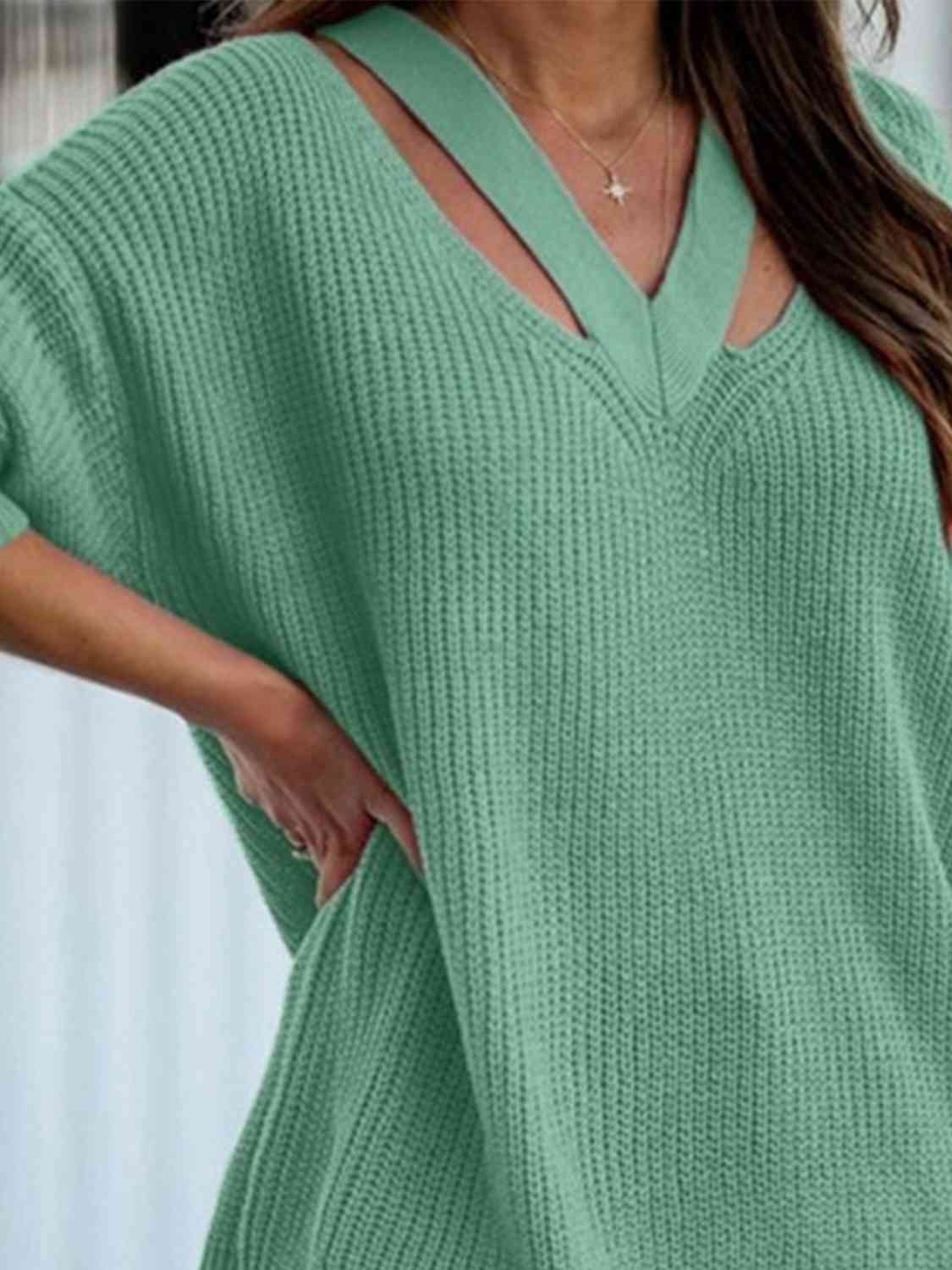 Full Size Cutout V-Neck Rib-Knit Sweater