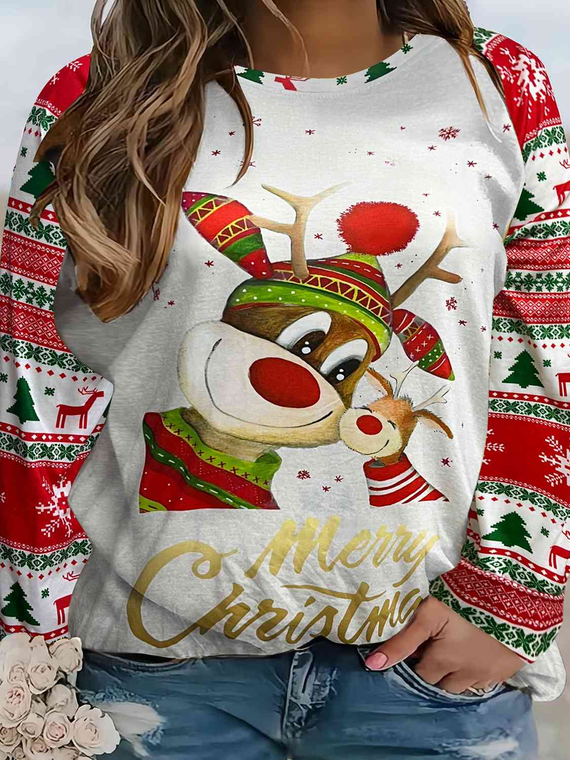 Plus Size Reindeer Graphic Round Neck Long Sleeve T-Shirt