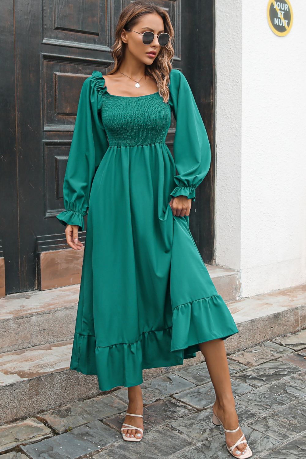 Smocked Ruffle Hem Flounce Sleeve Dress