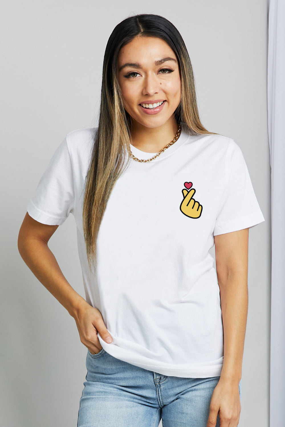 Simply Love Finger Heart Emoji Graphic Cotton T-Shirt