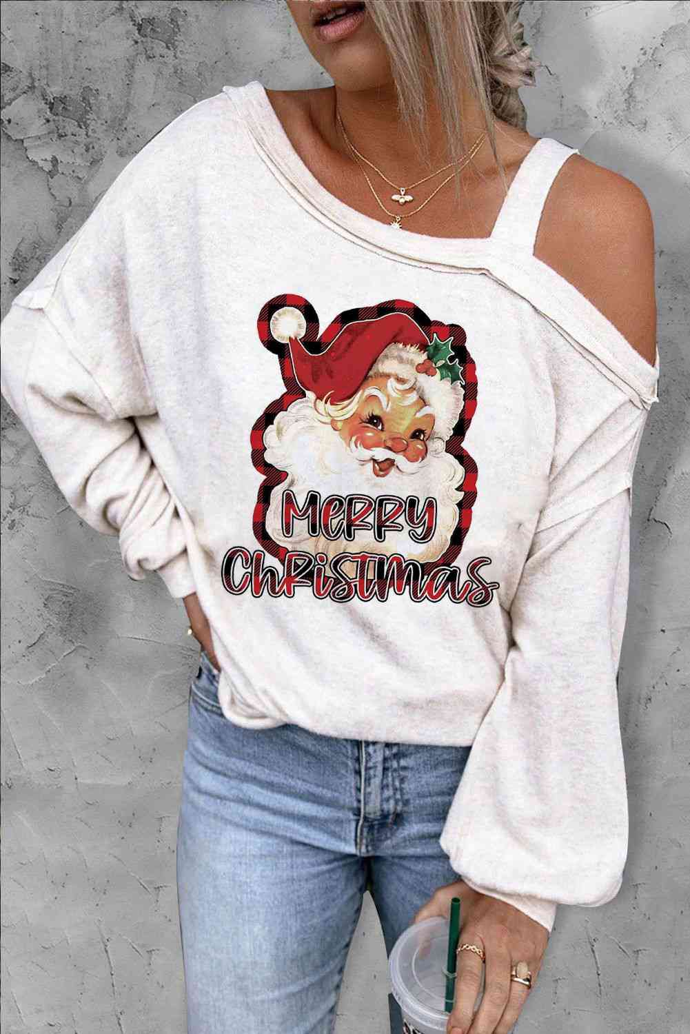 MERRY CHRISTMAS Graphic Asymmetrical Neck Top