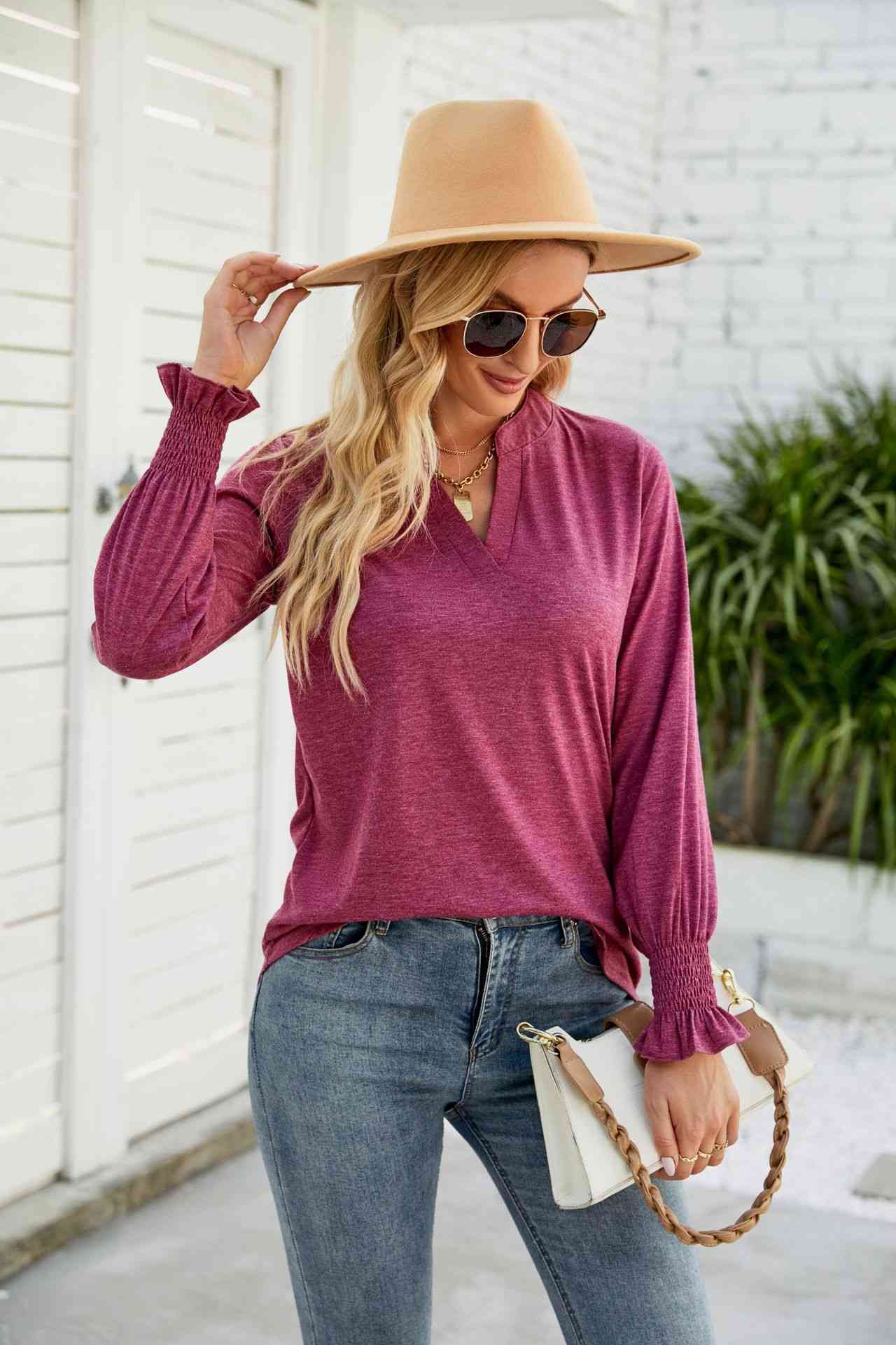 Heathered Flounce Sleeve Curved Hem Top