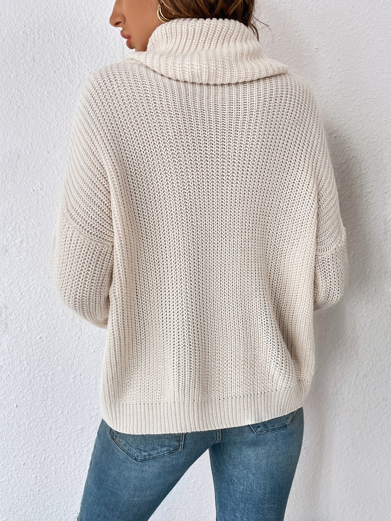 Woven Right Decorative Button Turtleneck Dropped Shoulder Sweater