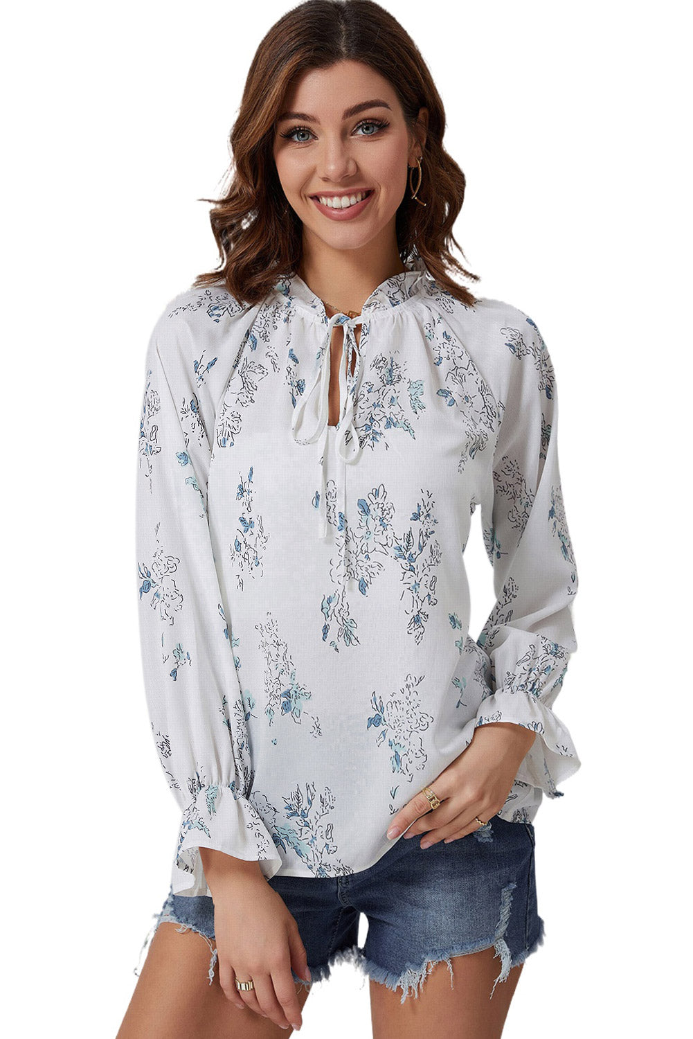 Double Take Floral Tie Neck Flounce Sleeve Blouse