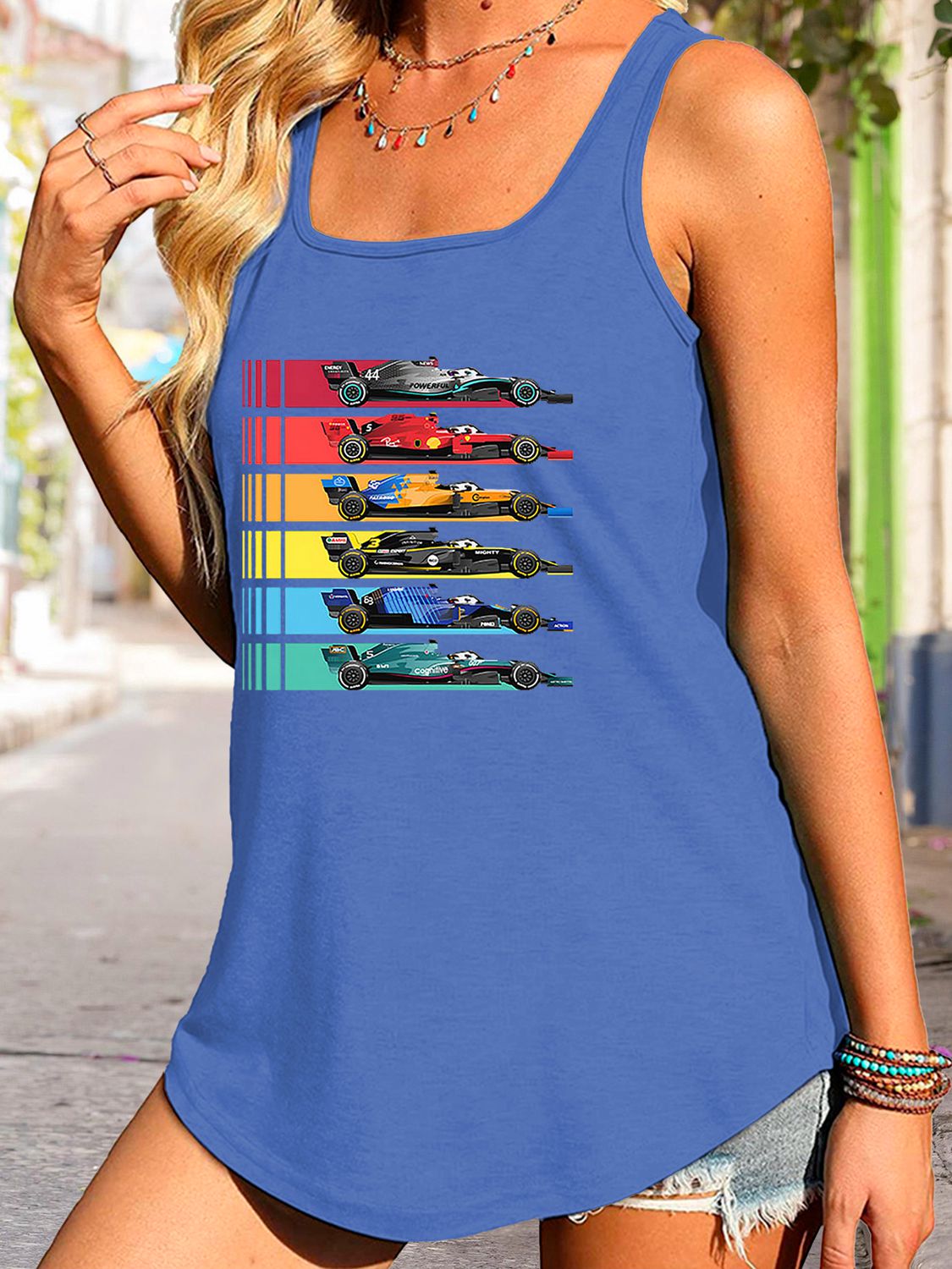 Scoop Neck Race Car Graphic Tank Top