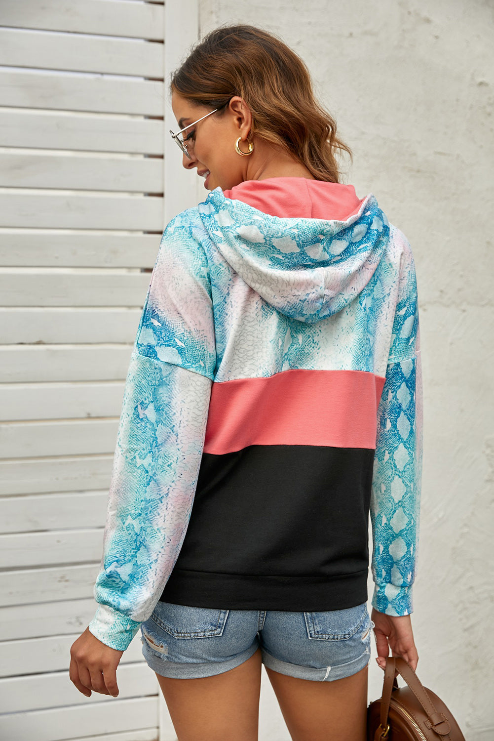 Snake Print Color Block Drawstring Detail Hoodie