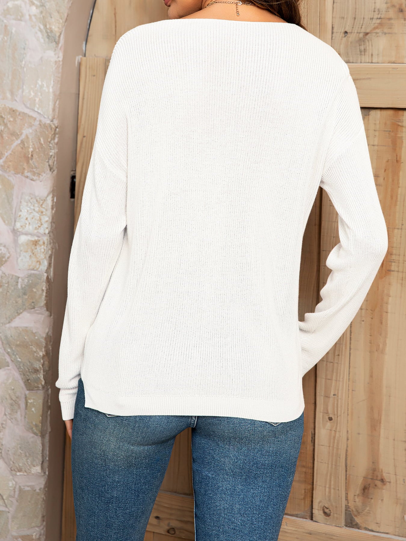 V-Neck Long Sleeve Knit Top with Pocket