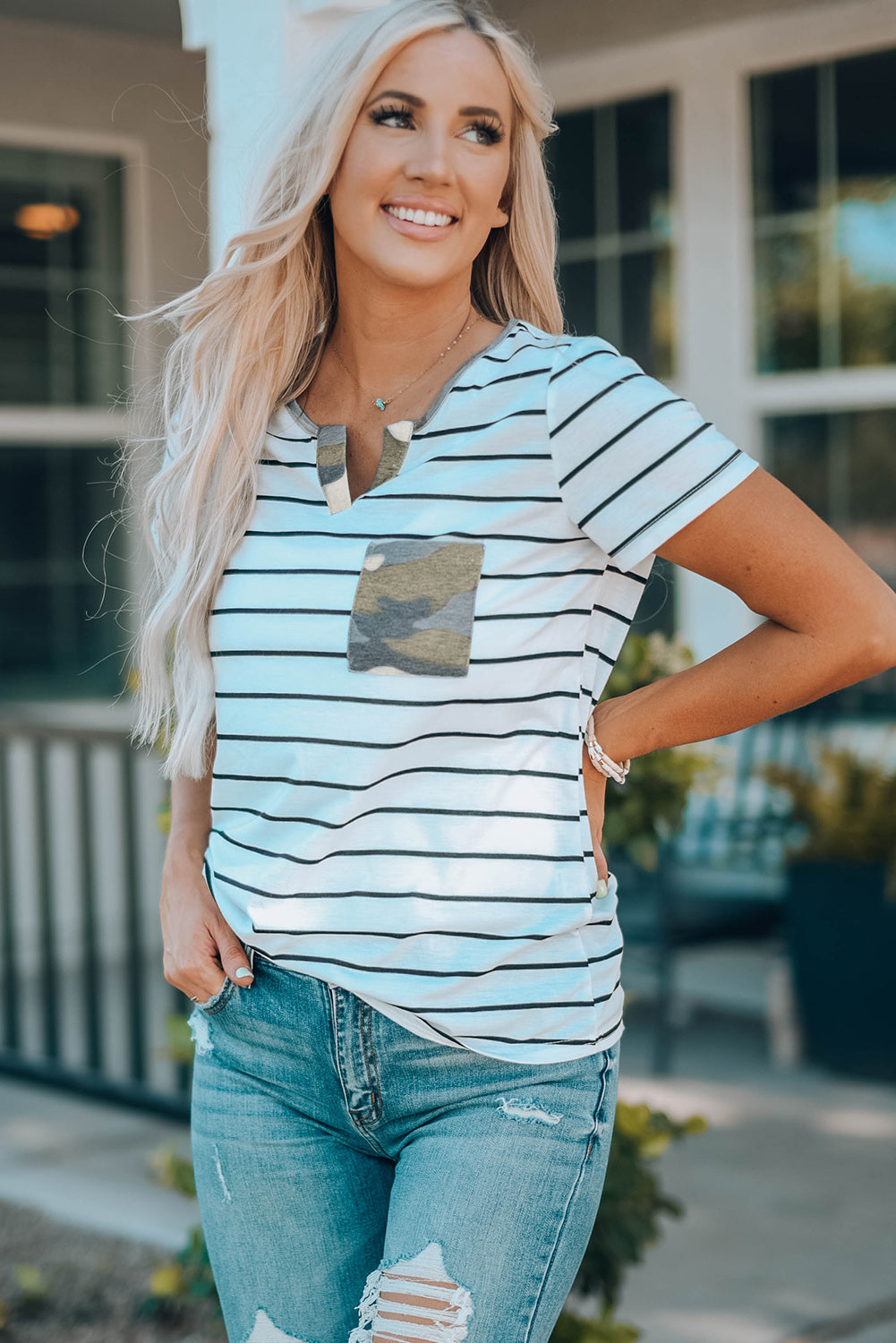 Striped Notched Neck T-Shirt