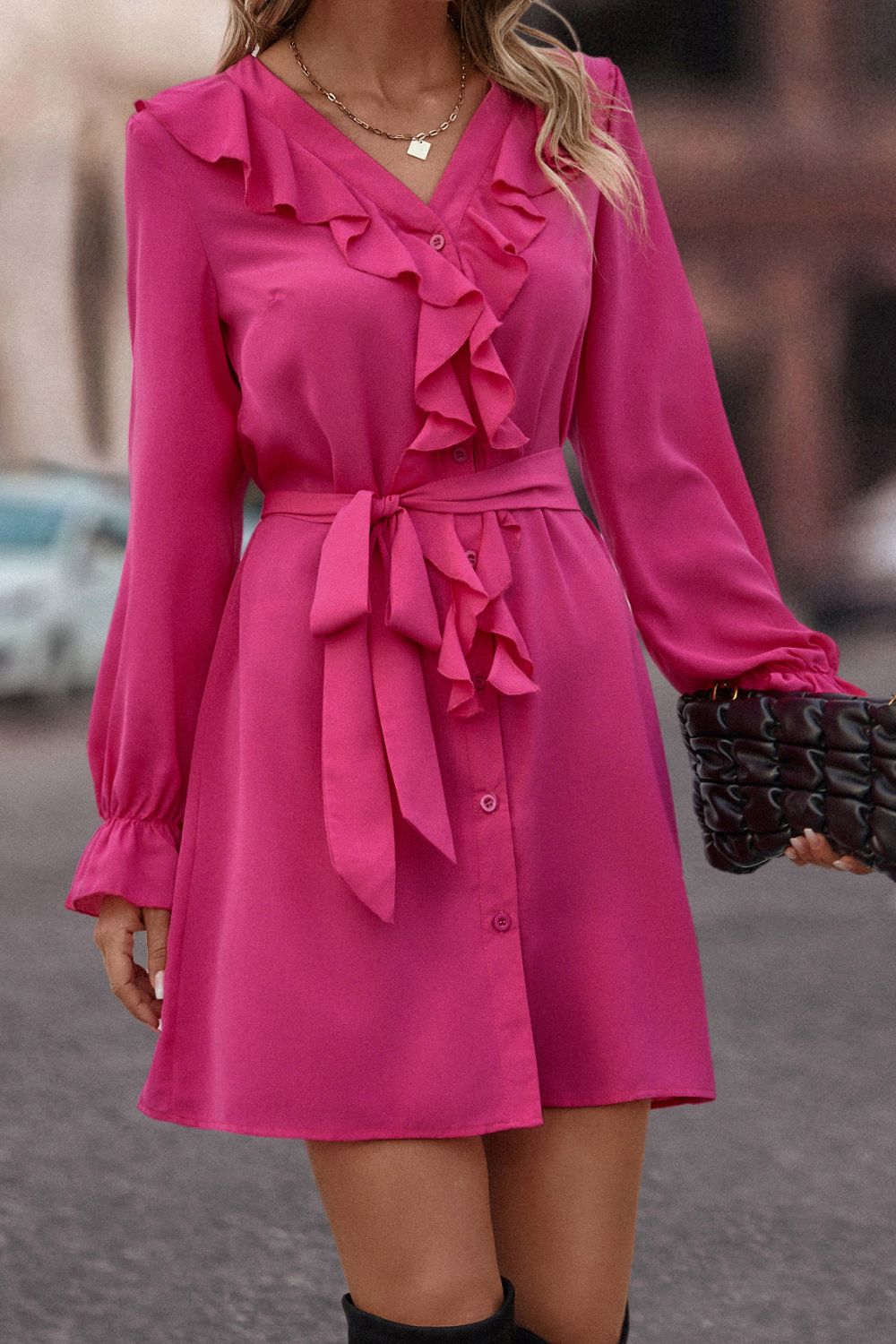 Ruffled Flounce Sleeve V-Neck Belted Dress