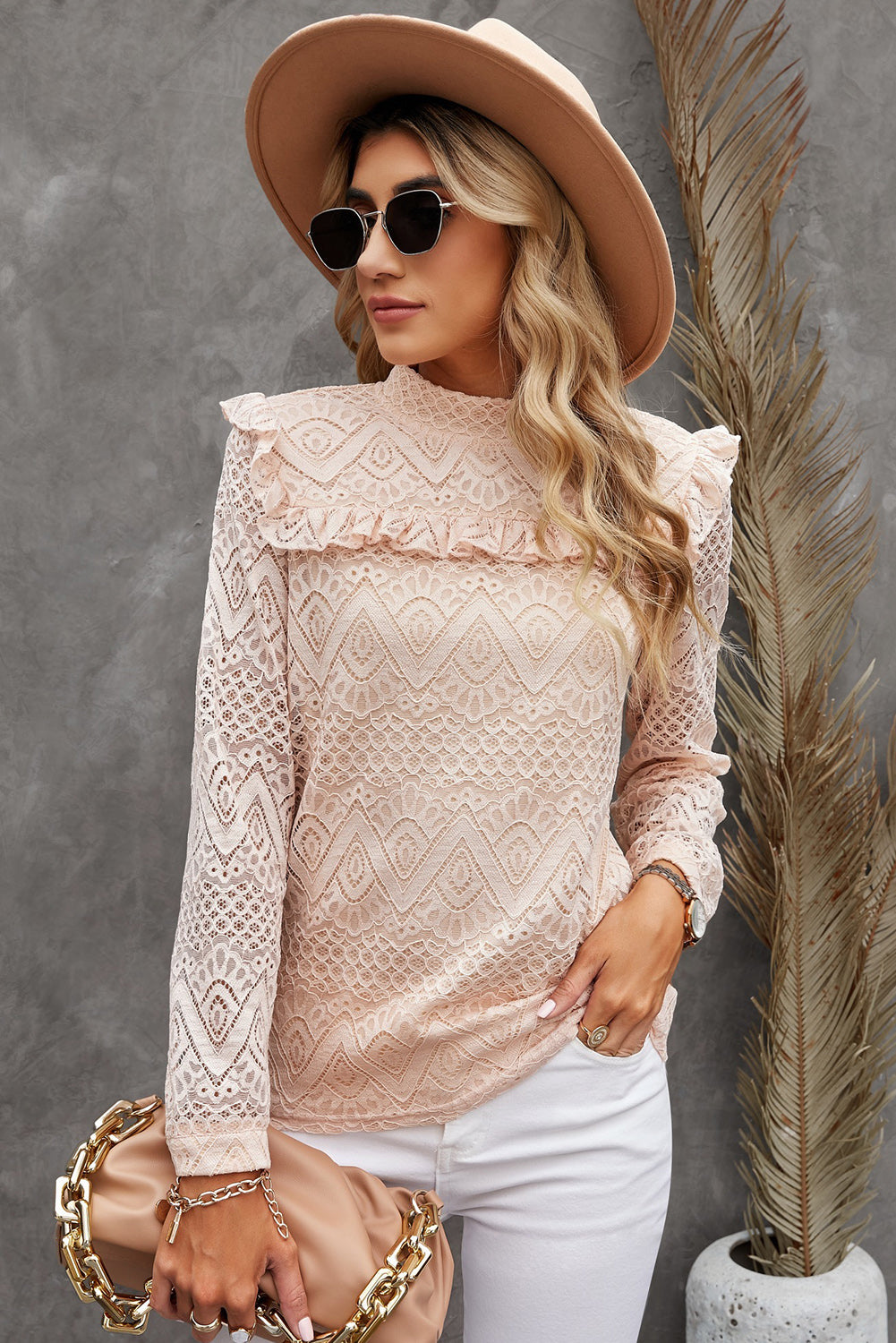 Ruffled Lace Mock Neck Blouse