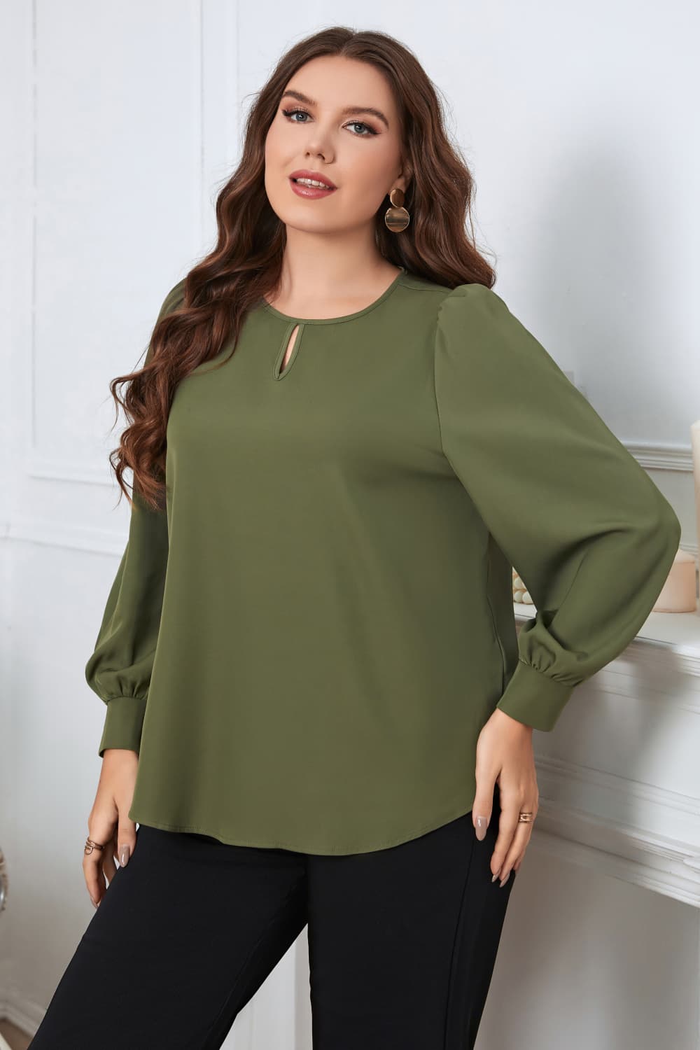 Melo Apparel Plus Size Round Neck Long Sleeve Blouse