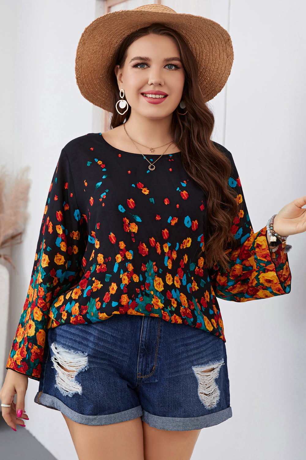 Plus Size Floral Round Neck Long Sleeve Blouse