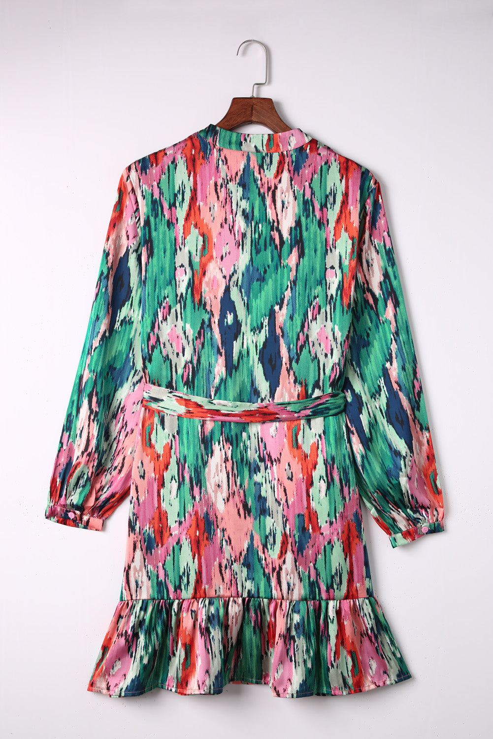 Abstract Print Belted Ruffle Hem Dress