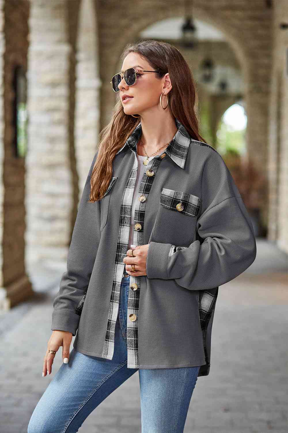 Plaid Collared Dropped Shoulder Jacket