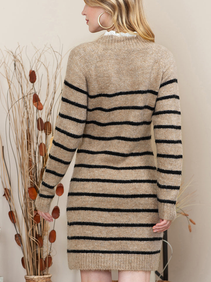 Striped Round Neck Long Sleeve Sweater Dress