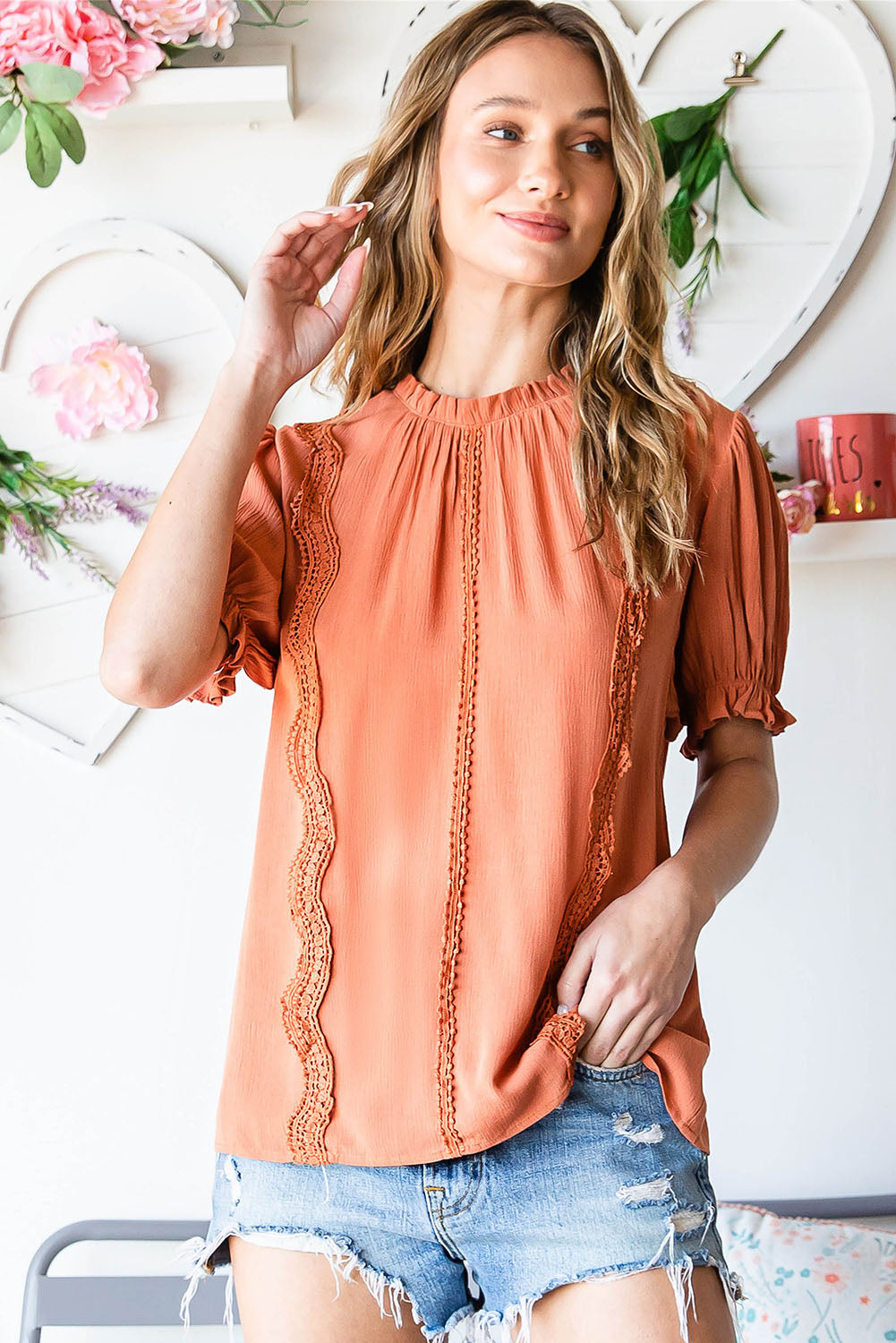 Frill Neck Short Flounce Sleeve Blouse